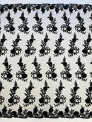 3D Flower Cluster Fabric - Black - 3D Flower Leaf Design Fabric with Pearls Sold By Yard