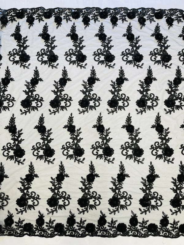 3D Flower Cluster Fabric - Black - 3D Flower Leaf Design Fabric with Pearls Sold By Yard
