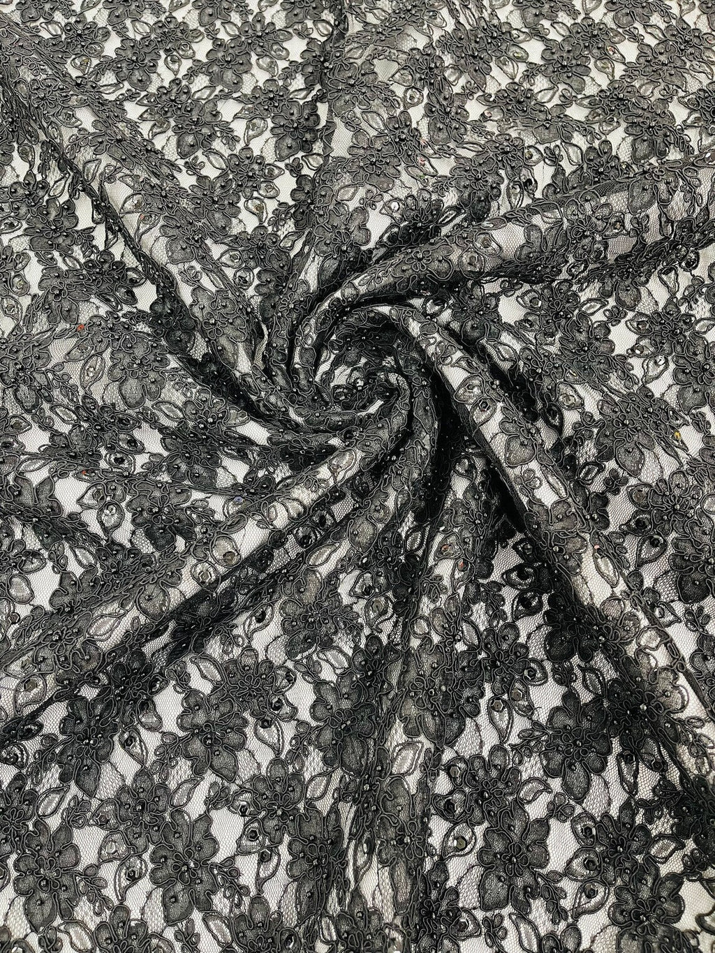 Floral Pearls and Sequins Fabric - Black - Beaded Fabric Embroidered Lace By The Yard