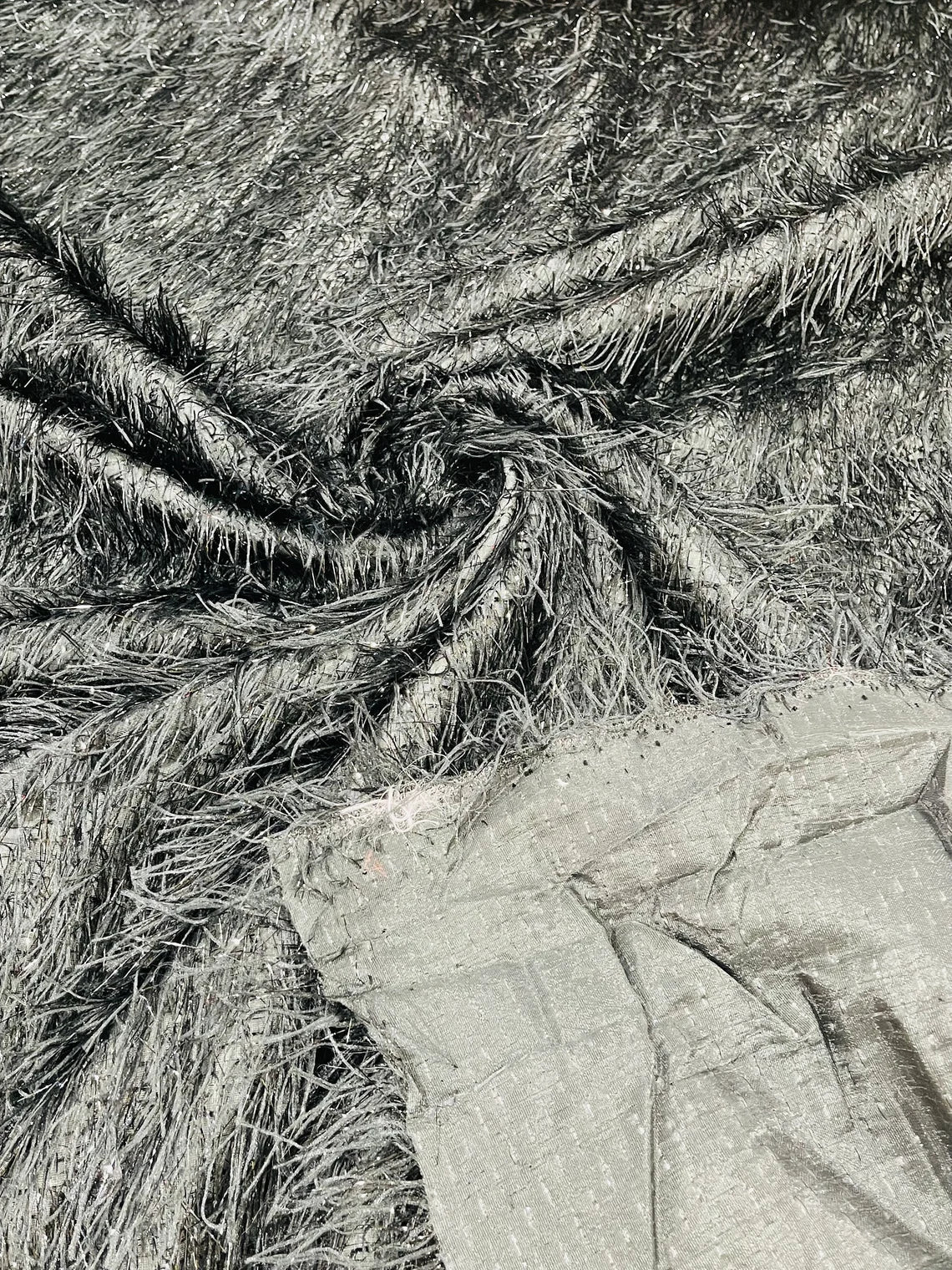 Metallic Eyelash Fabric - Black - Feather/Eyelash/Fringe Design on Mesh By Yard