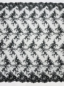 Floral Plant Lace Fabric - Black - Embroidery Flower Small Leaf Design Lace Fabric Sold By Yard