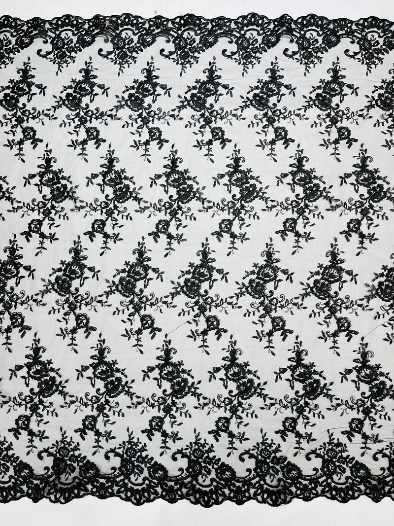 Floral Plant Lace Fabric - Black - Embroidery Flower Small Leaf Design