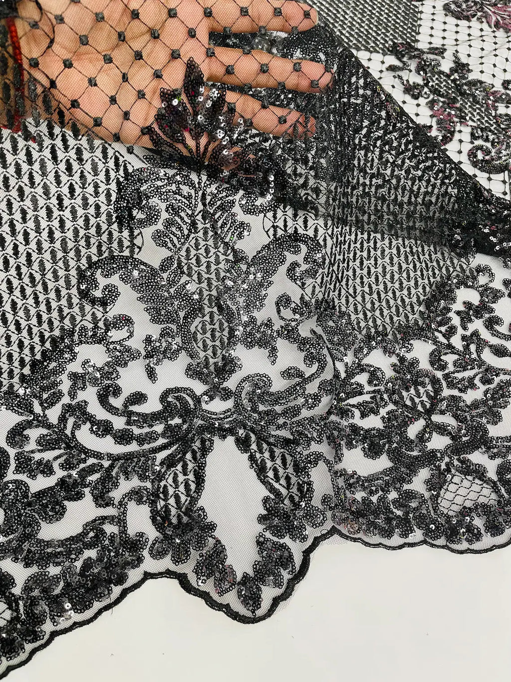King Damask Design Fabric - Black - Embroidered Corded Mesh Lace Fabric with Sequins By Yard