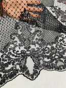 King Damask Design Fabric - Black - Embroidered Corded Mesh Lace Fabric with Sequins By Yard