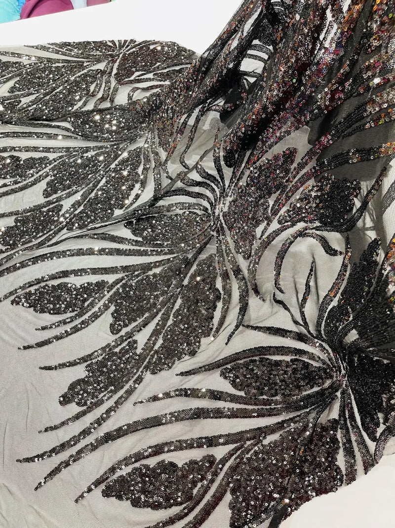 Wavy Leaf Sequins Fabric - Black - Wavy Lines and Leaves Design on Lace Mesh Fabric by Yard