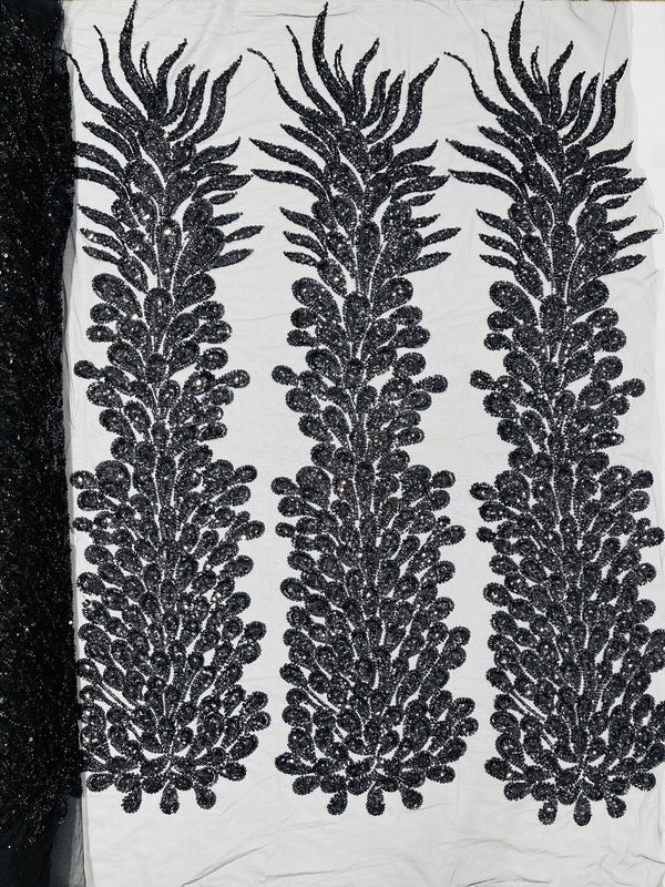 3D Beaded Peacock Feathers - Black - Vegas Design Embroidered Sequins and Beads On a Mesh Lace Fabric (Choose The Panels)