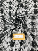 Embroidered Flower Fabric - Black - Floral Design Scalloped Border Fabric By Yard