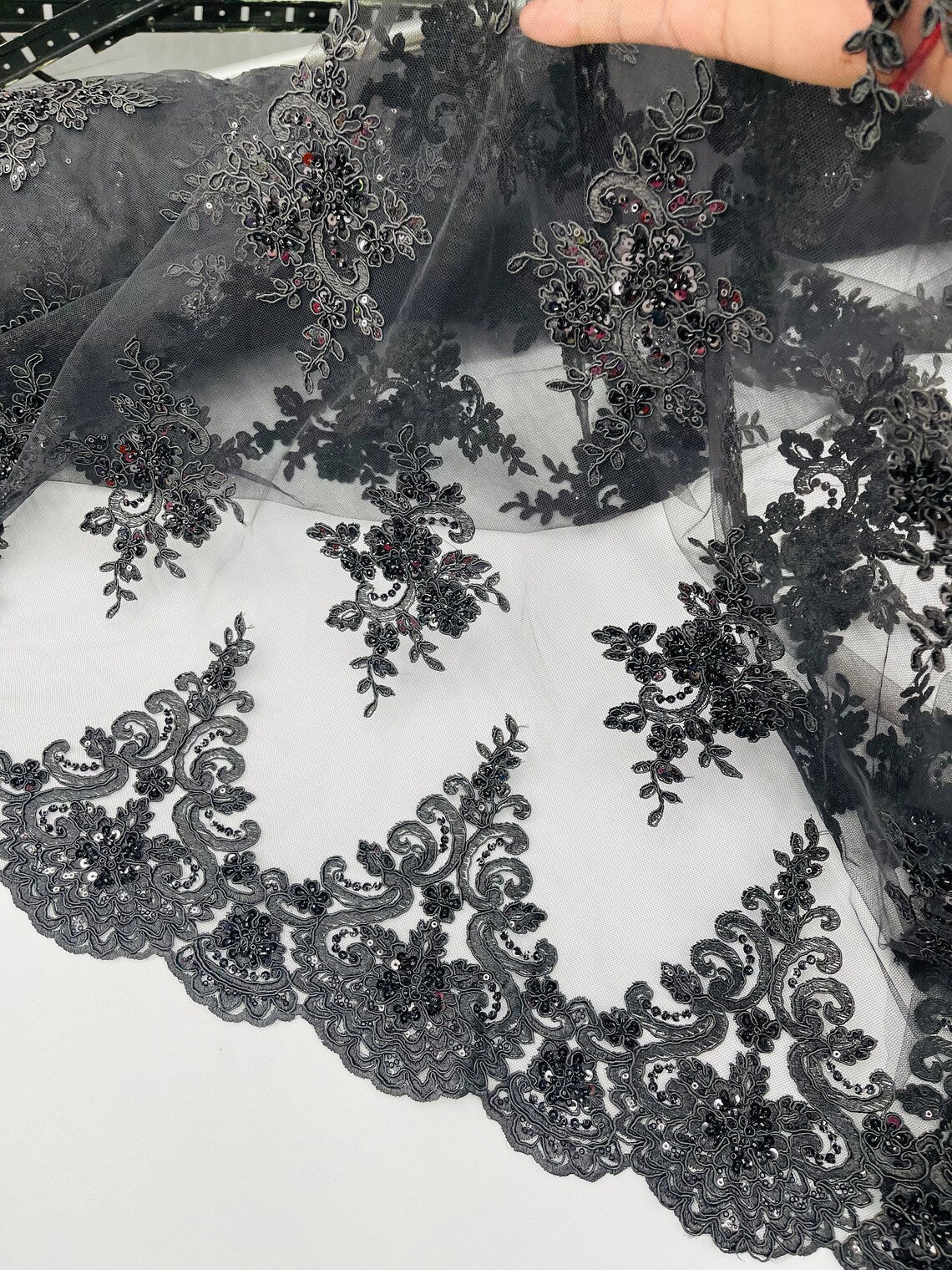 Beaded Floral Fabric - Black - Floral Cluster Design Fabric with Damask Border by Yard
