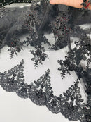 Beaded Floral Fabric - Black - Floral Cluster Design Fabric with Damask Border by Yard