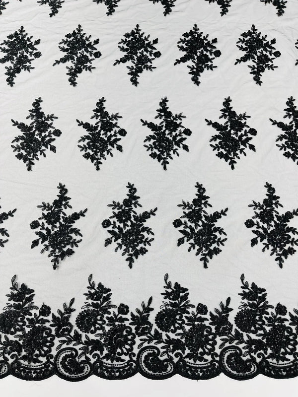 Floral Lace Flower Fabric - Black - Floral Embroidered Fabric with Sequins on Lace By Yard