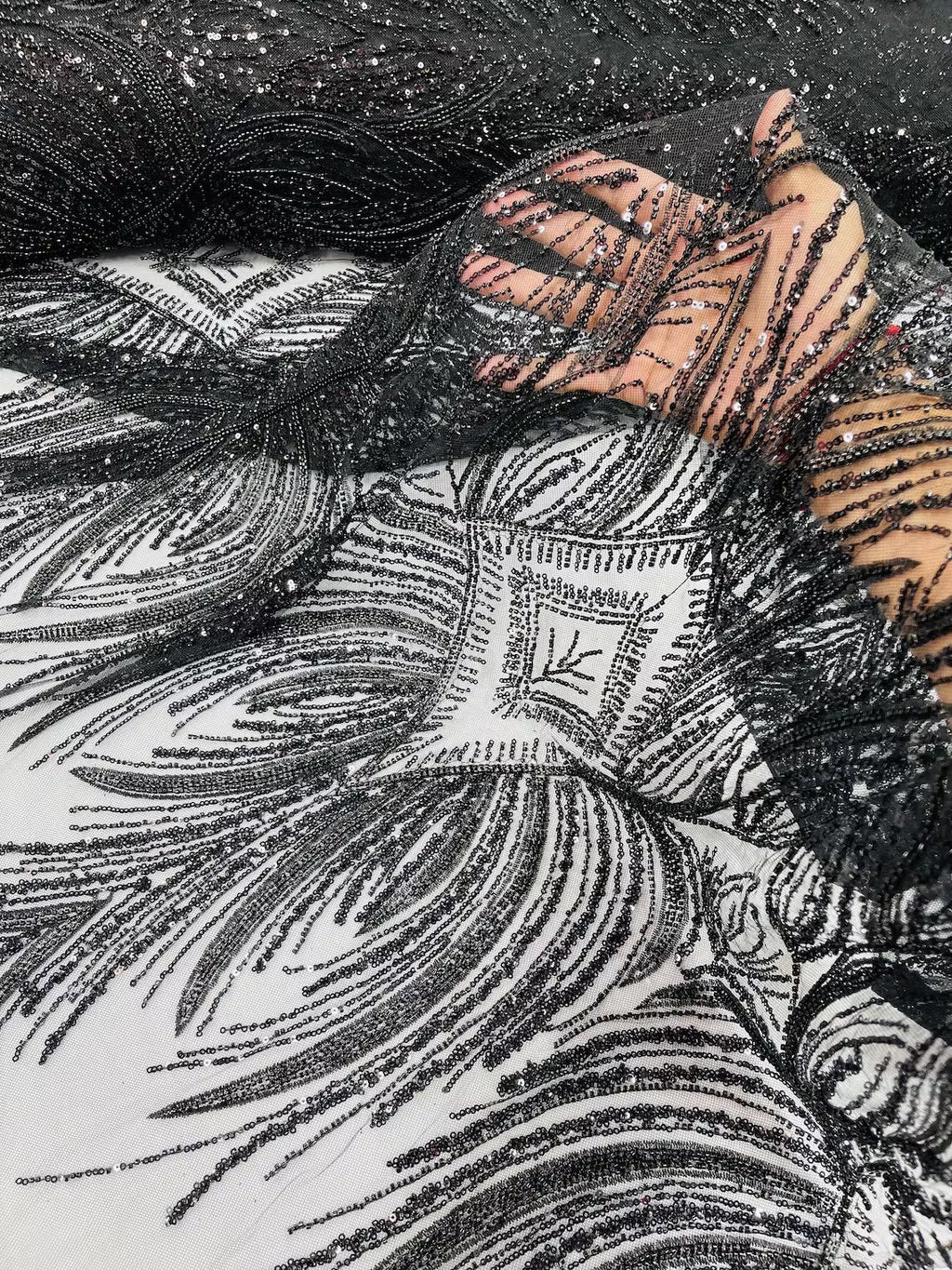Beaded Lines Fabric - Black - Luxury Beads and Sequins Line Design Fabric By Yard