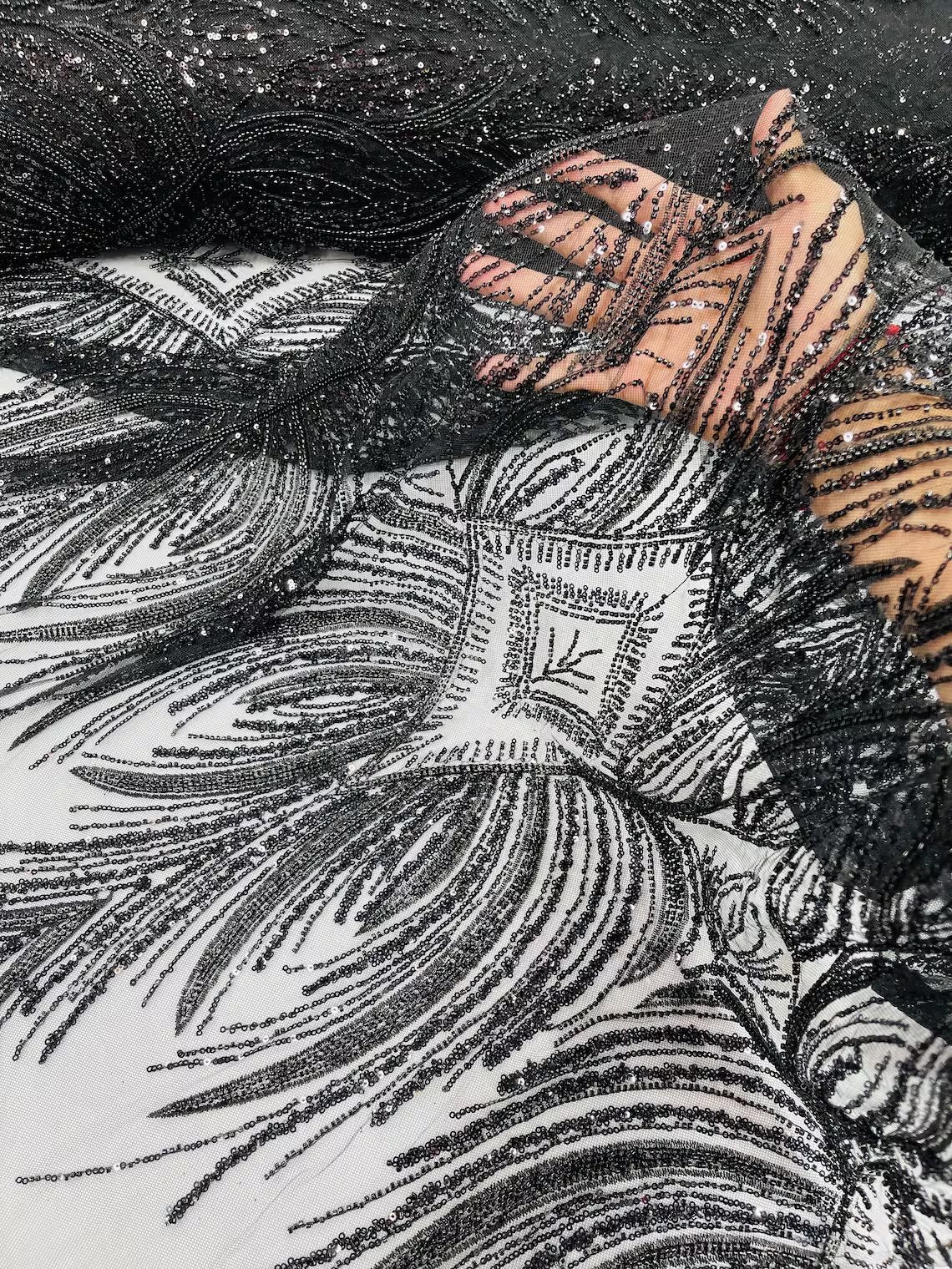 Beaded Lines Fabric - Black - Luxury Beads and Sequins Line Design Fabric By Yard