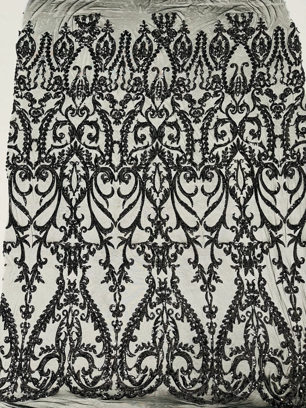 4 Way Stretch - Black - Sequins Damask Design Fabric Embroidered On Mesh Sold By The Yard