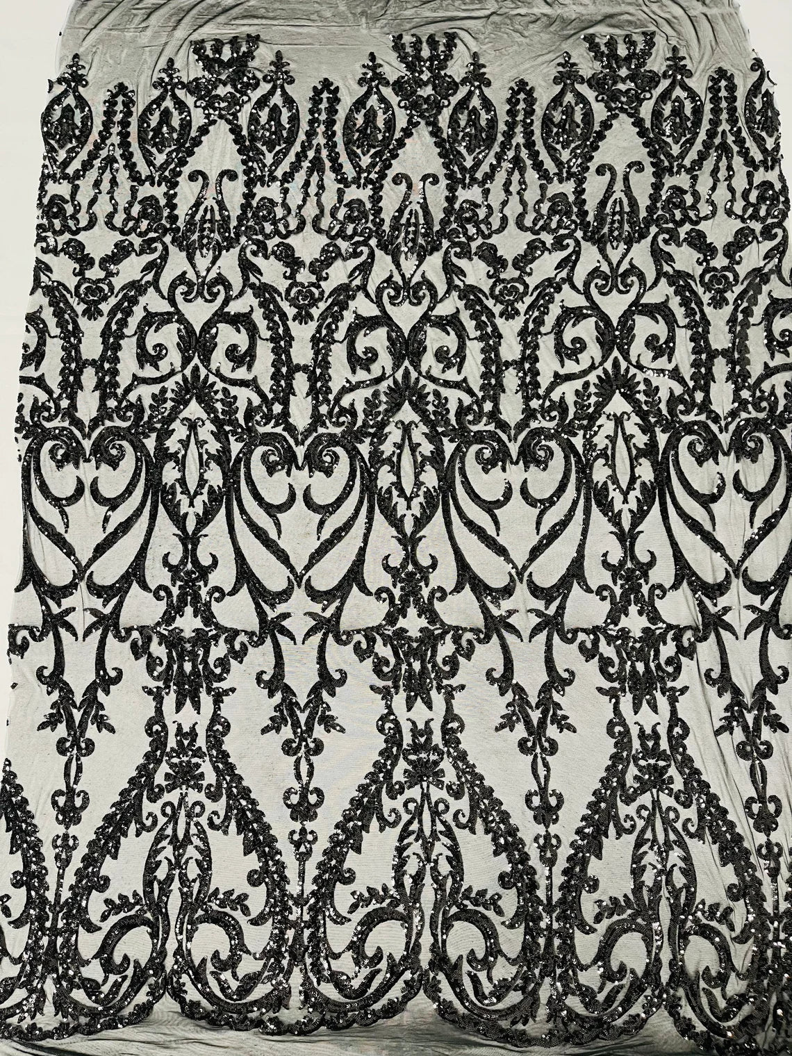 4 Way Stretch - Black - Sequins Damask Design Fabric Embroidered On Mesh Sold By The Yard