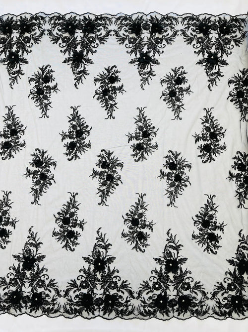 3D Floral Rhinestone Fabric - Black - Beaded Flower Clusters with Rhinestones and Sequins By Yard