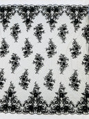 3D Floral Rhinestone Fabric - Black - Beaded Flower Clusters with Rhinestones and Sequins By Yard