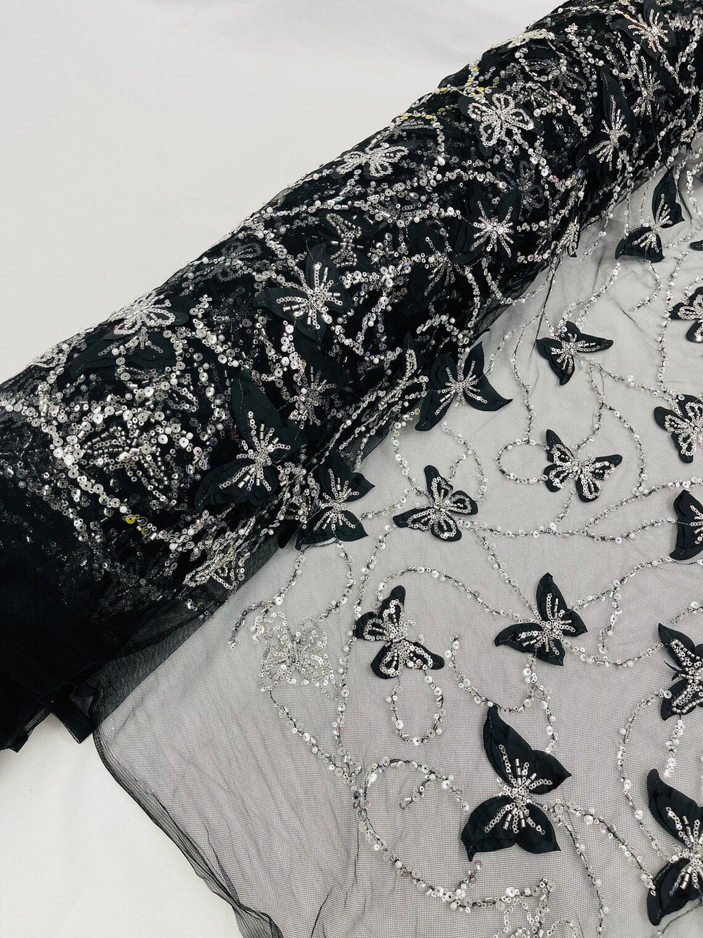 3D Butterfly Beaded Fabric - Black - Beaded Sequins Butterfly Embroidered Fabric By Yard