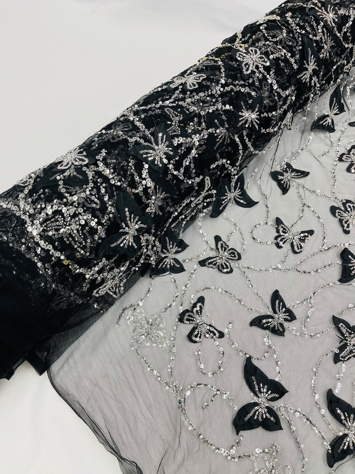 3D Butterfly Beaded Fabric - Black - Beaded Sequins Butterfly Embroidered Fabric By Yard