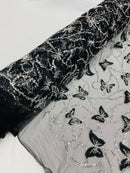 3D Butterfly Beaded Fabric - Black - Beaded Sequins Butterfly Embroidered Fabric By Yard