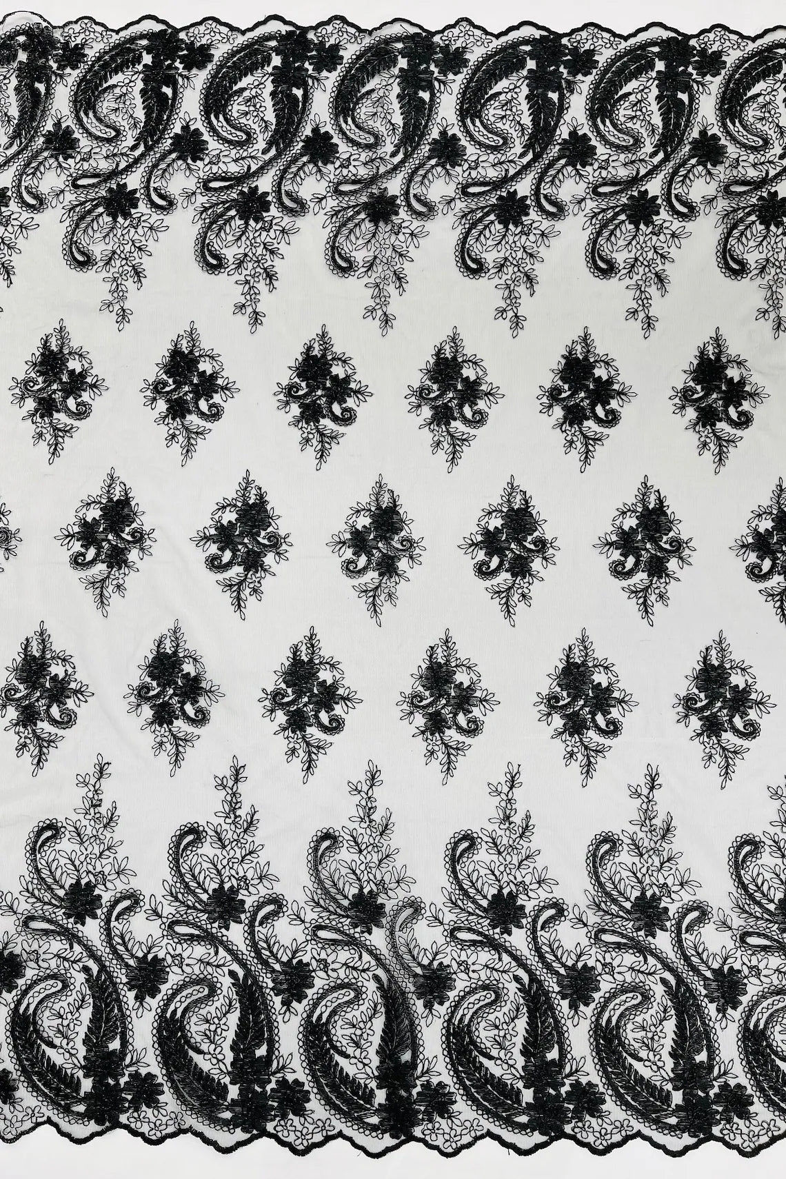 Metallic Corded Lace - Black - Paisley Floral Fabric with Metallic Thread on a Mesh Lace By Yard