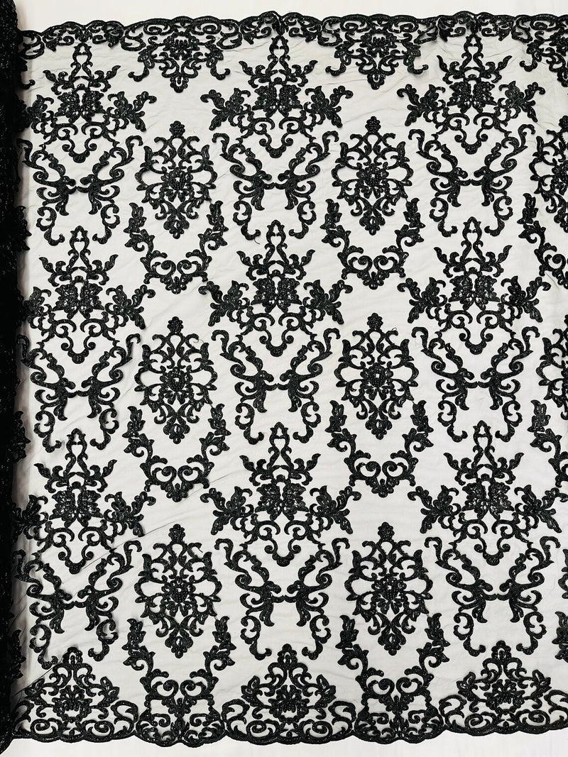 Butterfly Bead Sequins Fabric - Black - Damask Beaded Sequins Lace Fabric by the yard