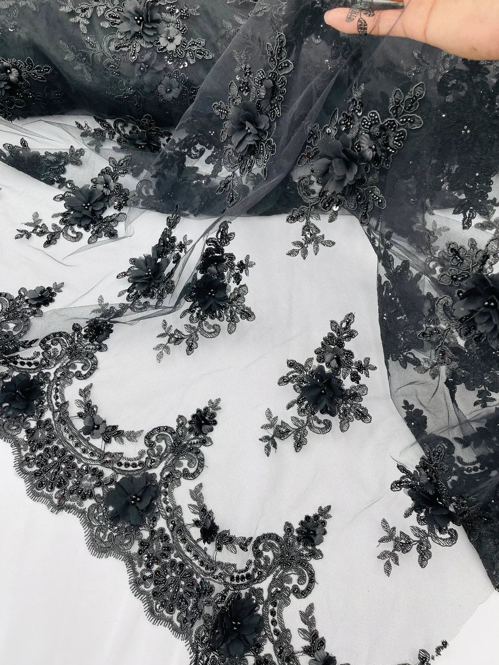 3D Floral Pearl Design - Black - Floral Embroidered Pearls and Sequins Fabric By Yard