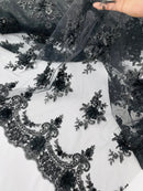 3D Floral Pearl Design - Black - Floral Embroidered Pearls and Sequins Fabric By Yard