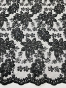 Corded Lace Floral Fabric - Black - Hologram Sequins Metallic Thread Floral Fabric by Yard