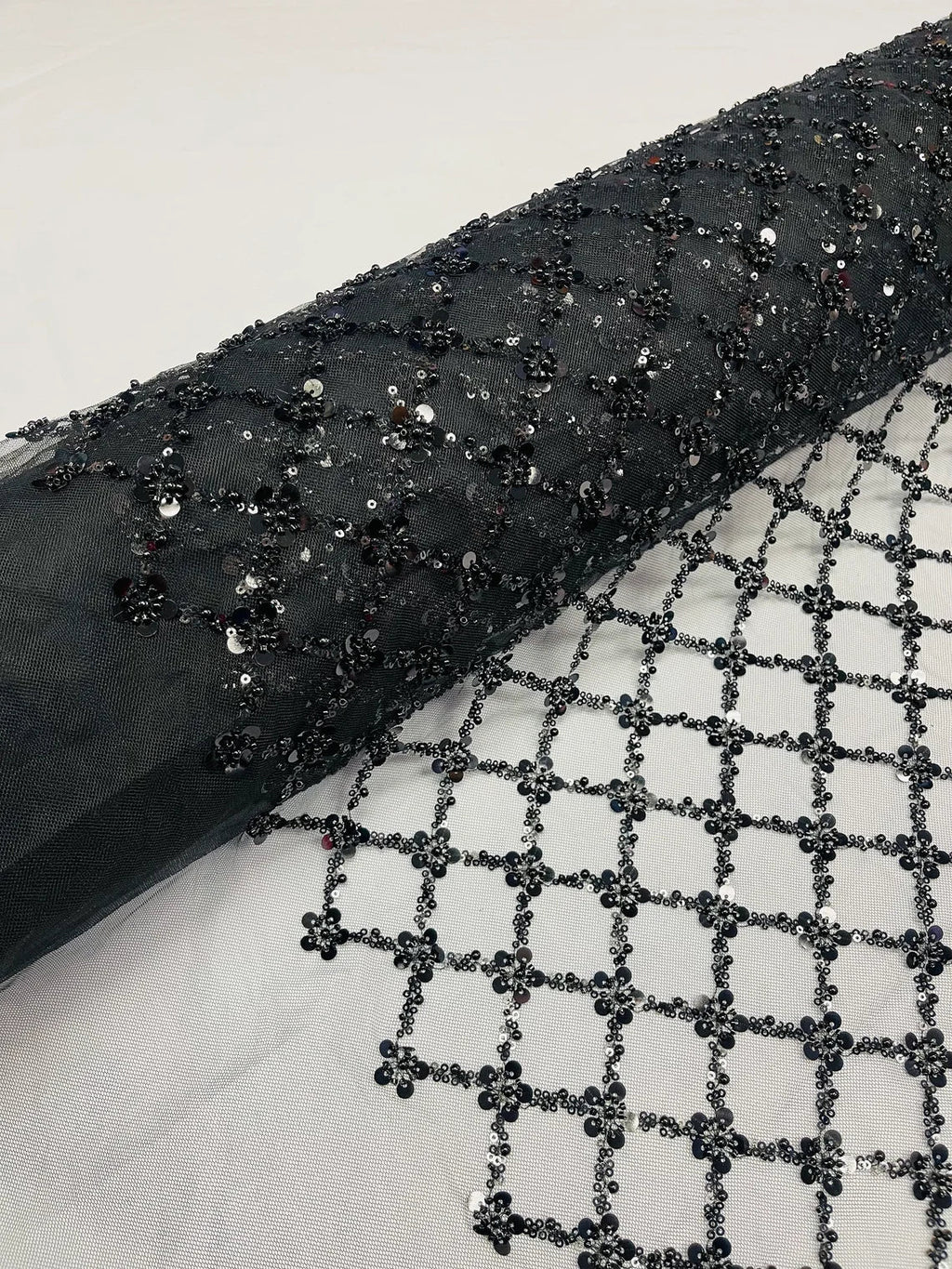 Beaded Diamond Net Fabric - Black - Embroidered Geometric Beaded Sequins Fabric Sold By Yard