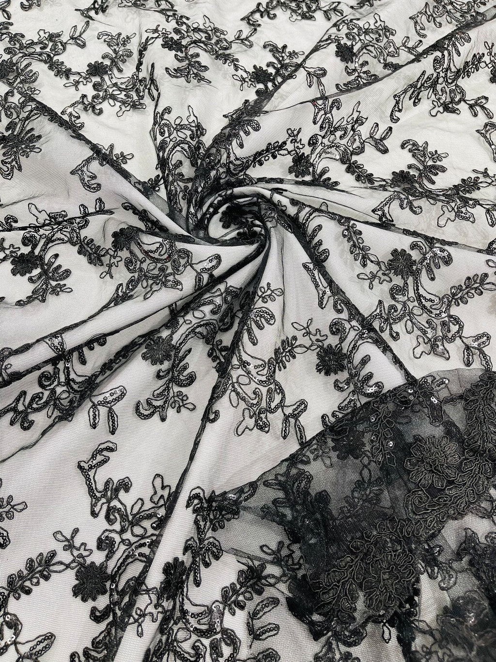 Floral Sequins Lace Fabric - Black - Embroidery Flower Clusters Design with Shiny Sequins  Fabric Sold By Yard
