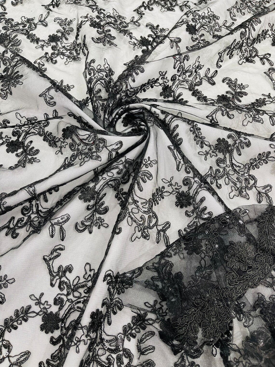 Floral Sequins Lace Fabric - Black - Embroidery Flower Clusters Design with Shiny Sequins  Fabric Sold By Yard