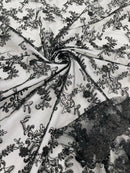 Floral Sequins Lace Fabric - Black - Embroidery Flower Clusters Design with Shiny Sequins  Fabric Sold By Yard