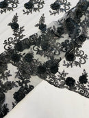 3D Flower Cluster Fabric - Black - 3D Flower Leaf Design Fabric with Pearls Sold By Yard