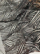 Curvy Line Design Fabric - Black - 4 Way Stretch Sequins Design Mesh Lace Fabric by Yard