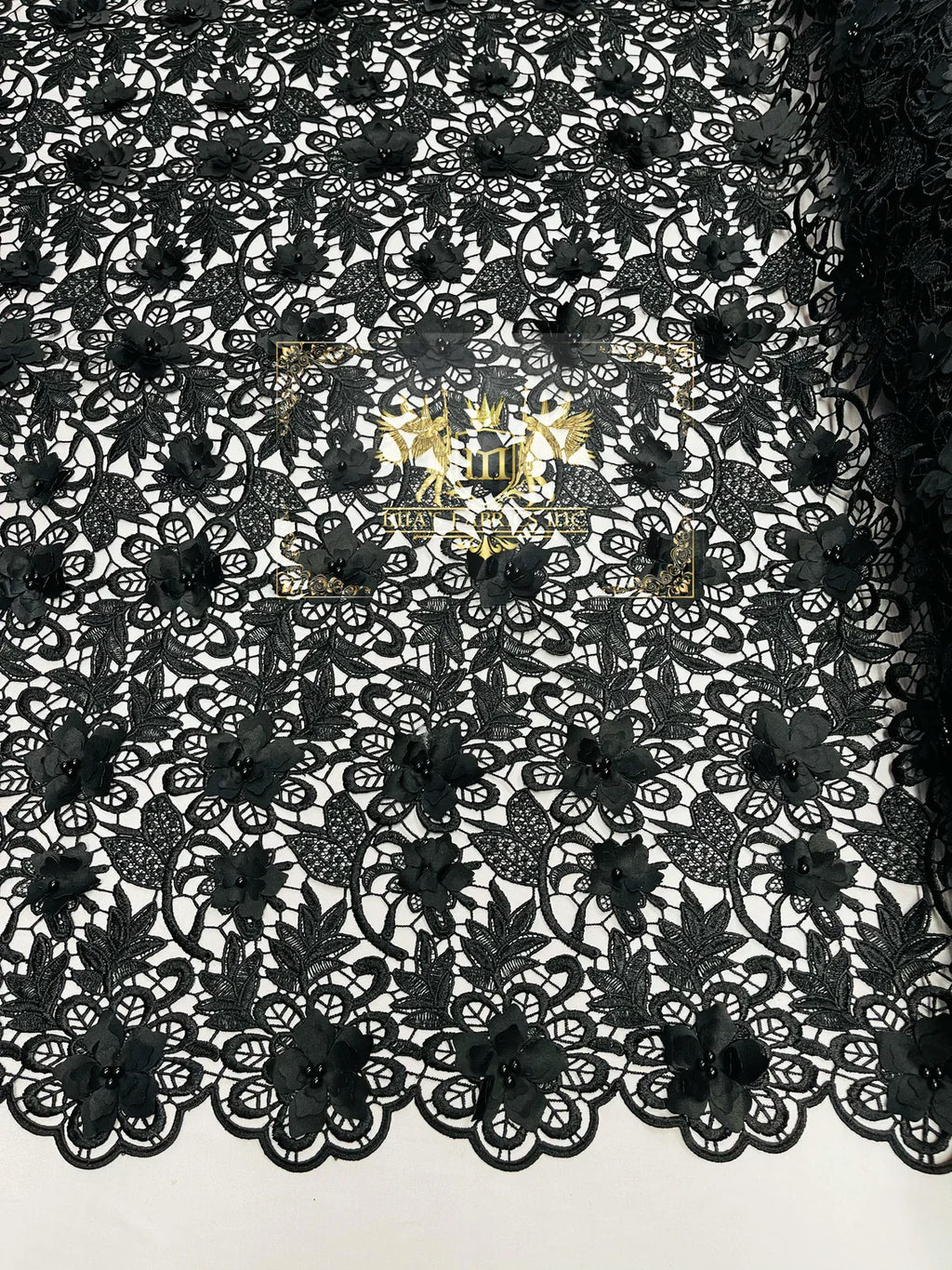 Guipure Floral Lace Fabric - Black - Floral Pearls Guipure Fabric Sold By Yard