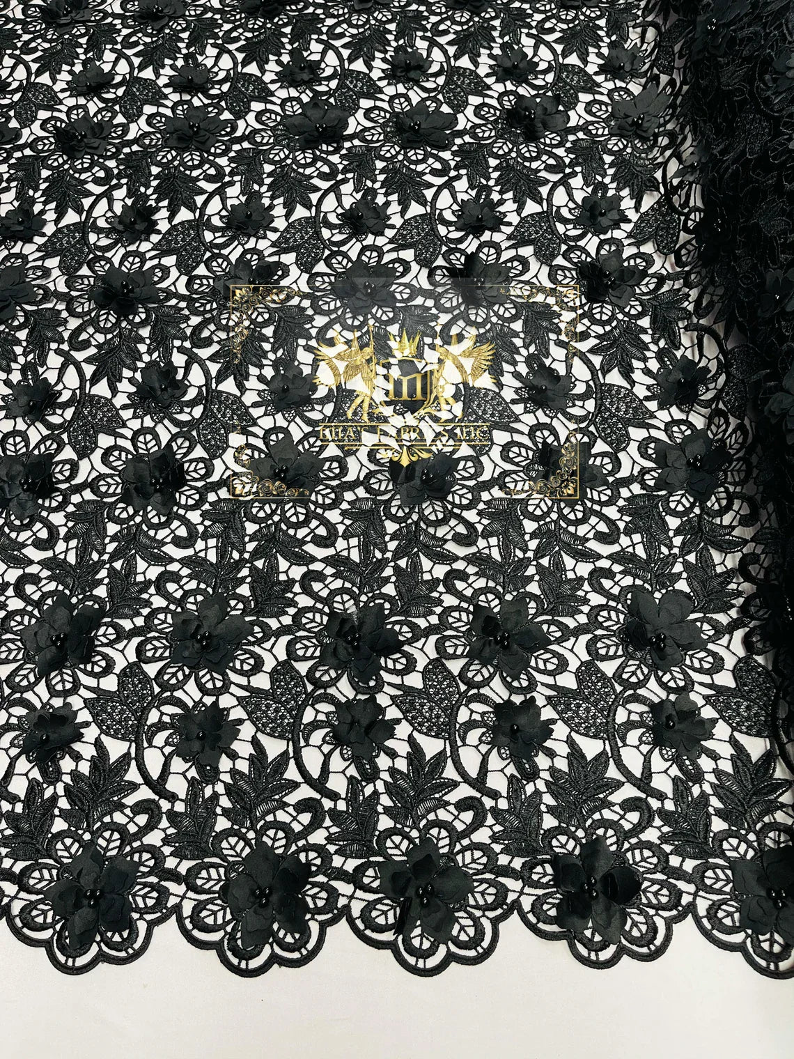 Guipure Floral Lace Fabric - Black - Floral Pearls Guipure Fabric Sold By Yard