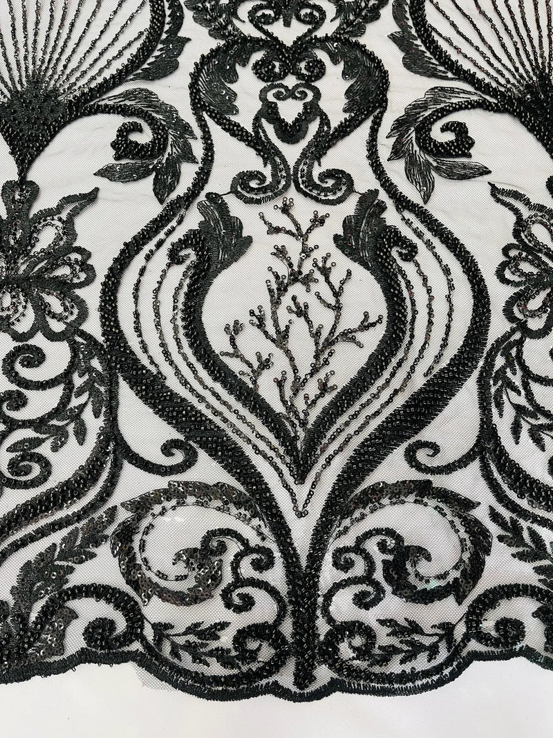 Damask Leaf Bead Fabric - Black - Heavy Beaded Embroidered Sequins Lace Fabric by Yard