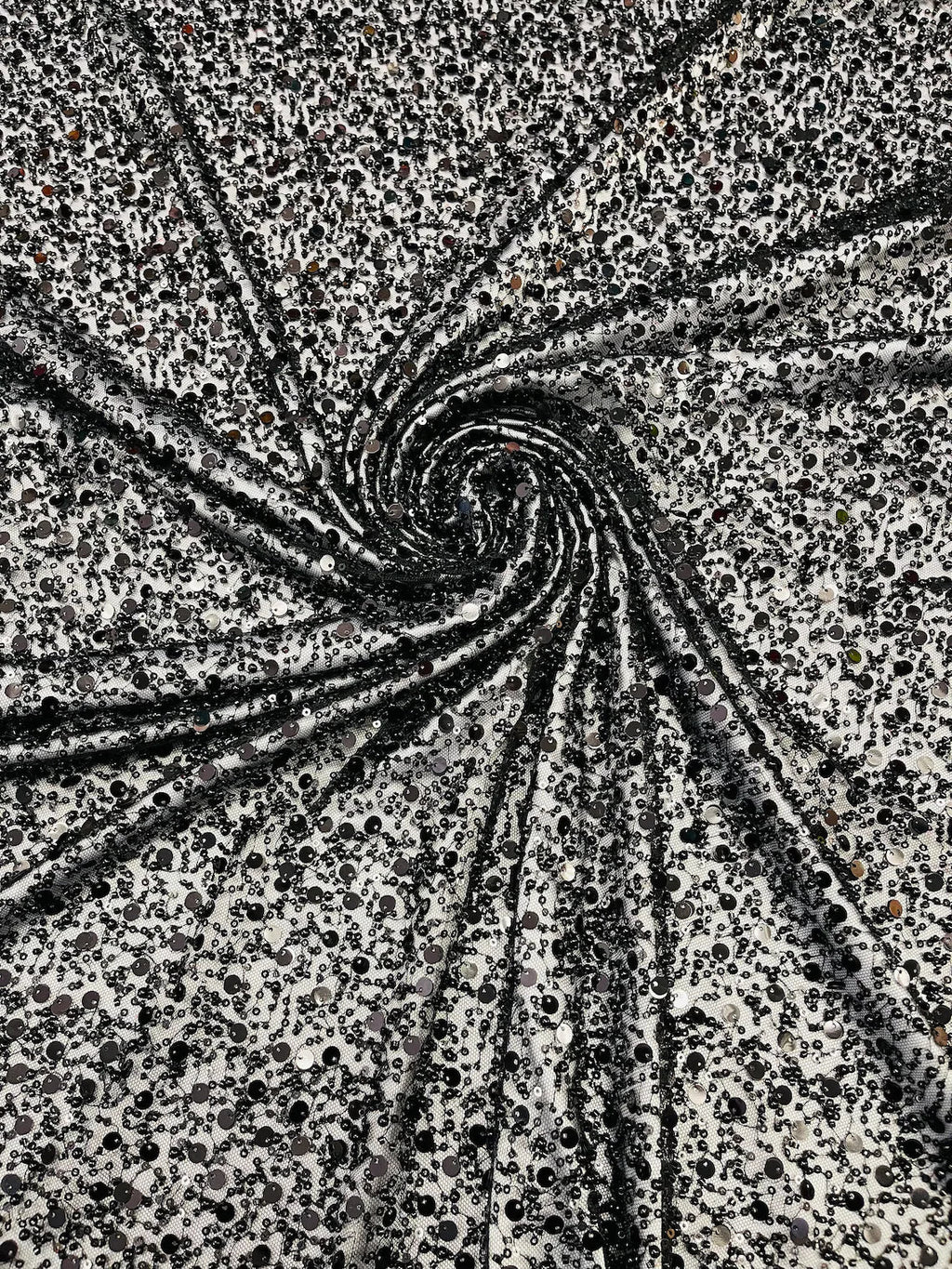Heavy Duty Sequins Pearl Fabric - Black - Heavy Handmade Embroidery Lace with Sequins All Over By Yard