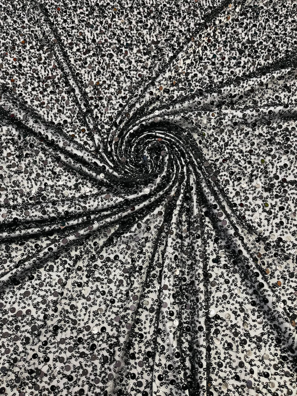 Heavy Duty Sequins Pearl Fabric - Black - Heavy Handmade Embroidery Lace with Sequins All Over By Yard