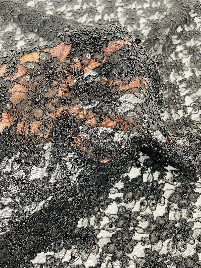 Floral Pearls and Sequins Fabric - Black - Beaded Fabric Embroidered Lace By The Yard
