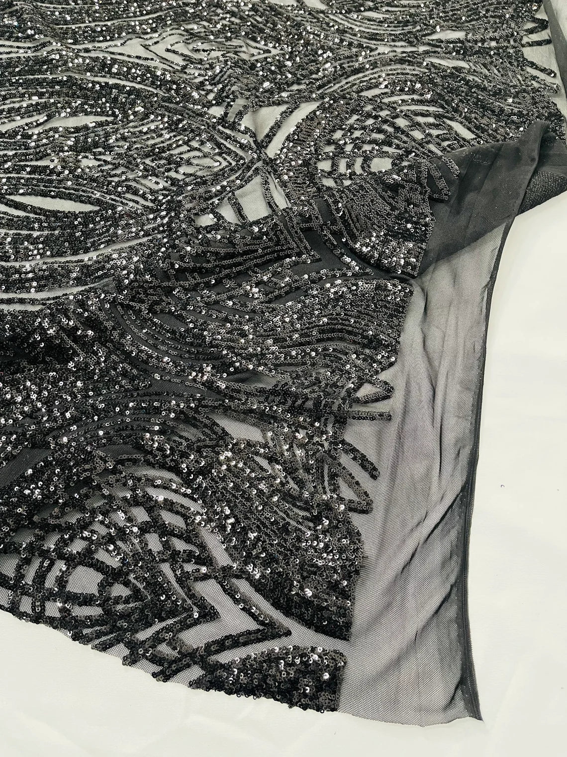 Long Wavy Pattern Sequins - Black - 4 Way Stretch Sequins Fabric Line Design By Yard