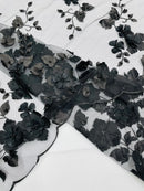 3D Floral Pearl Fabric - Black - Embroidered Floral Pearl Fabric Double Border On Mesh By Yard