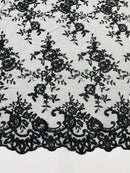 Floral Plant Lace Fabric - Black - Embroidery Flower Small Leaf Design Lace Fabric Sold By Yard