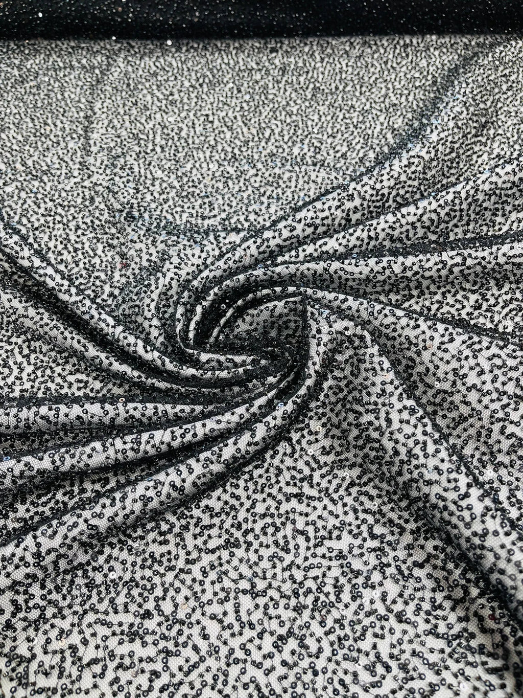 3D Beaded Lace Fabric - Black - Heavy Embroidery Handmade Lace, Beaded Fabric By Yard