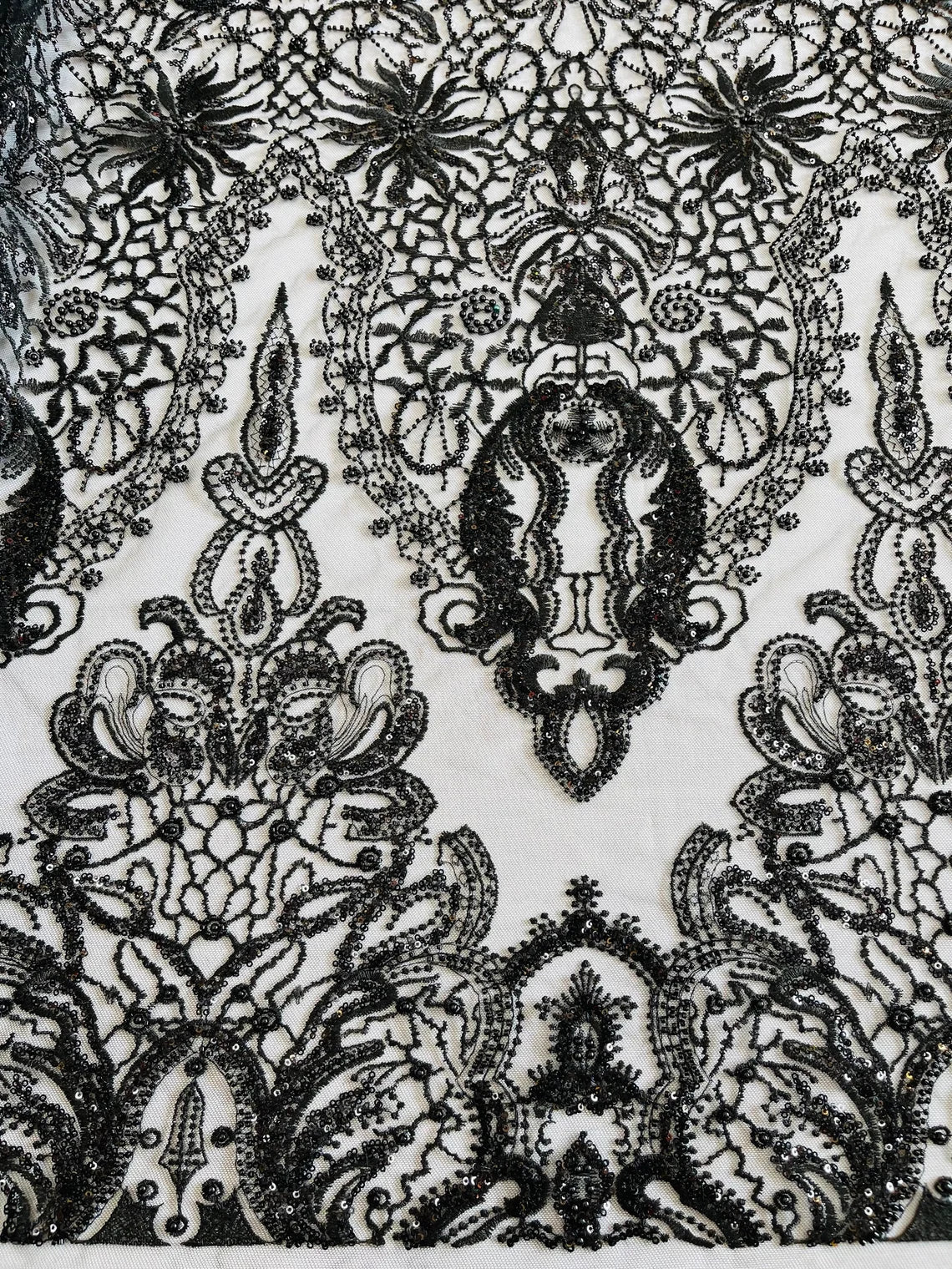 Beaded Fabric by yard - Black - Damask Pattern With Beads and Sequin, Appliqué Lace for Bridal and Prom Dress