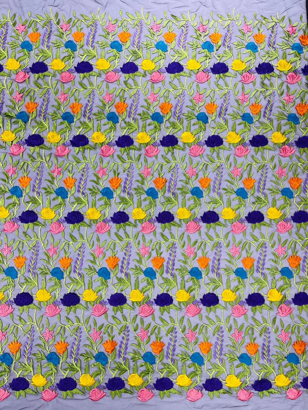 Multi-Color Mexican Sarape Fabric - Black Mesh Flower Design Embroidered Lace Fabric By Yard