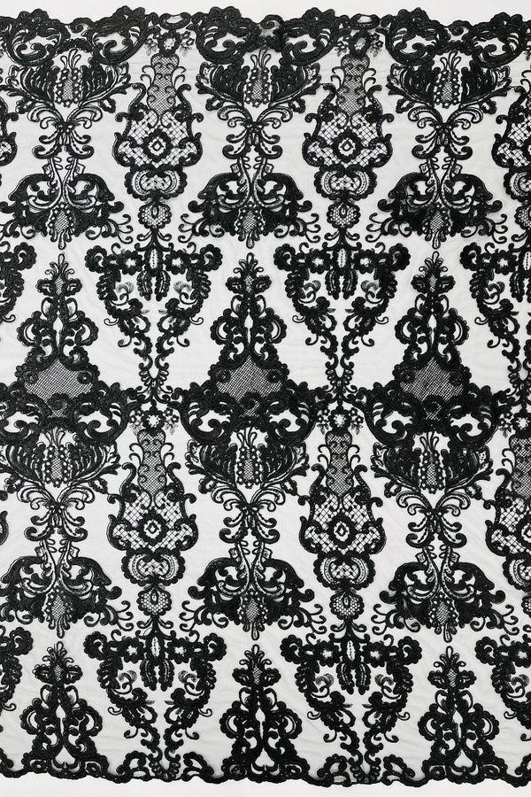 King Lace Pattern Fabric - Black - Embroidered Sequins on Lace Mesh Fabric By Yard