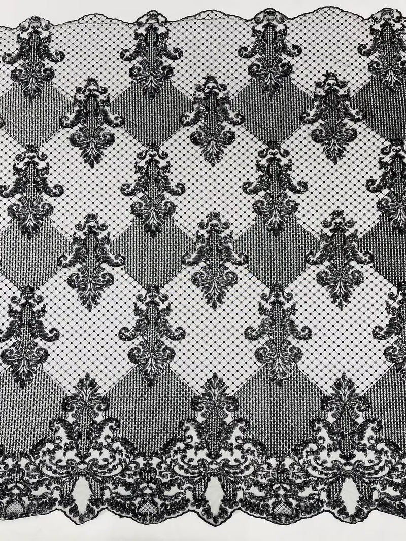 King Damask Design Fabric - Black - Embroidered Corded Mesh Lace Fabric with Sequins By Yard