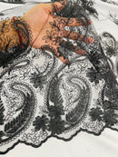 Metallic Corded Lace - Black - Paisley Floral Fabric with Metallic Thread on a Mesh Lace By Yard