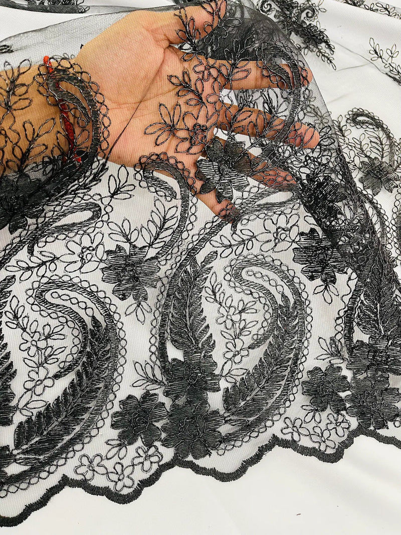 Metallic Corded Lace - Black - Paisley Floral Fabric with Metallic Thread on a Mesh Lace By Yard
